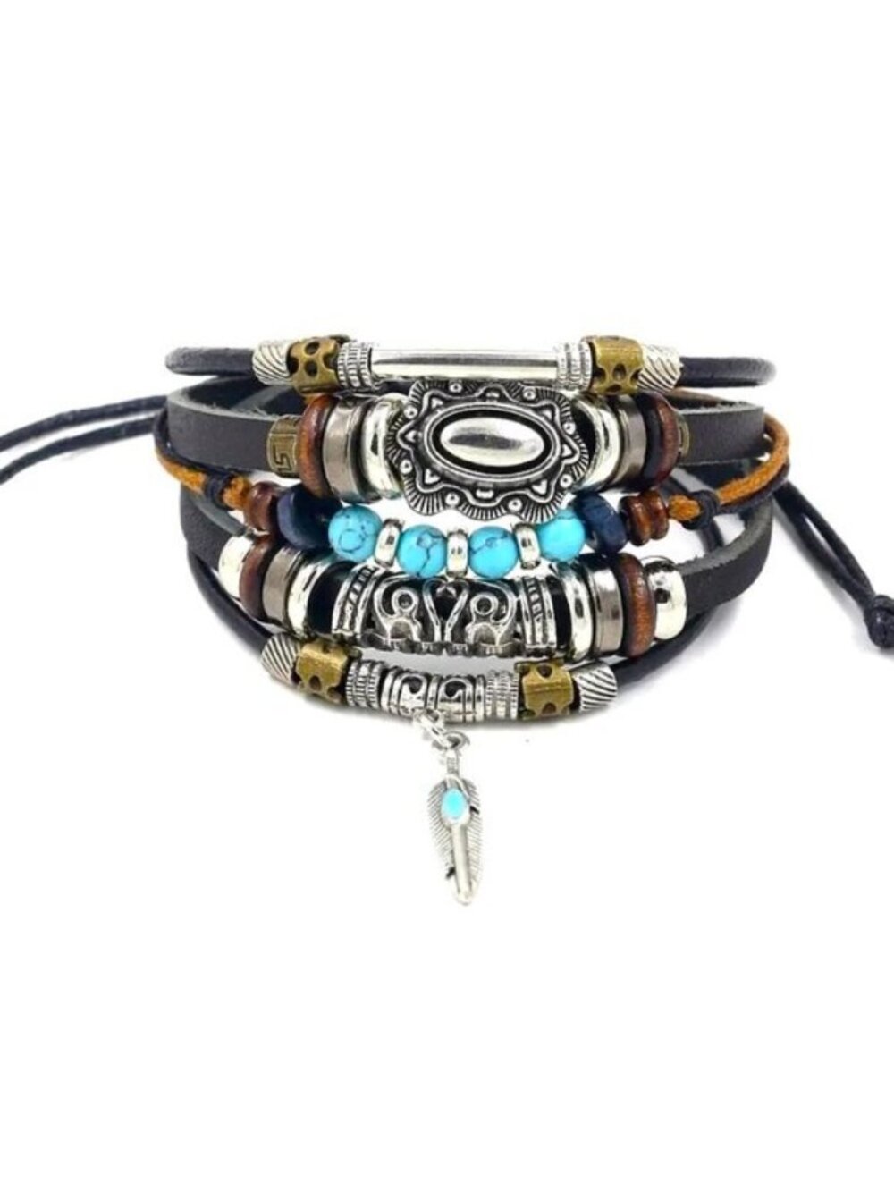 Leather Turquoise Bracelet Cuff Bangle Layered Beads Trendy Stylish Leather Cute